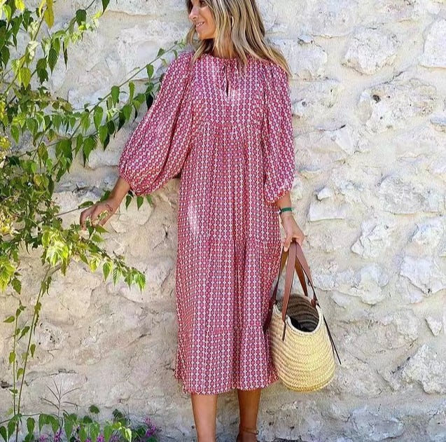 Puff Sleeve Boho Printed V-Neck Maxi Dress