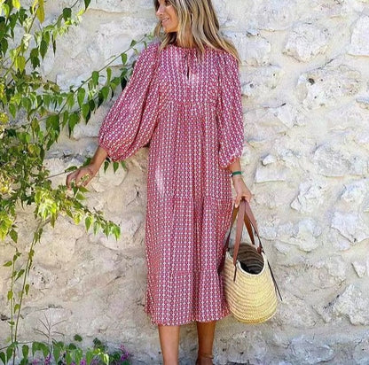 Puff Sleeve Boho Printed V-Neck Maxi Dress