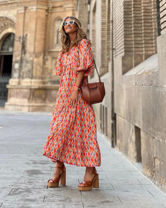 Puff Sleeve Boho Printed V-Neck Maxi Dress