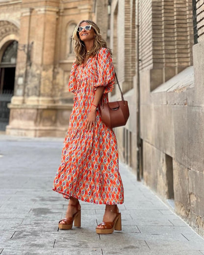 Puff Sleeve Boho Printed V-Neck Maxi Dress