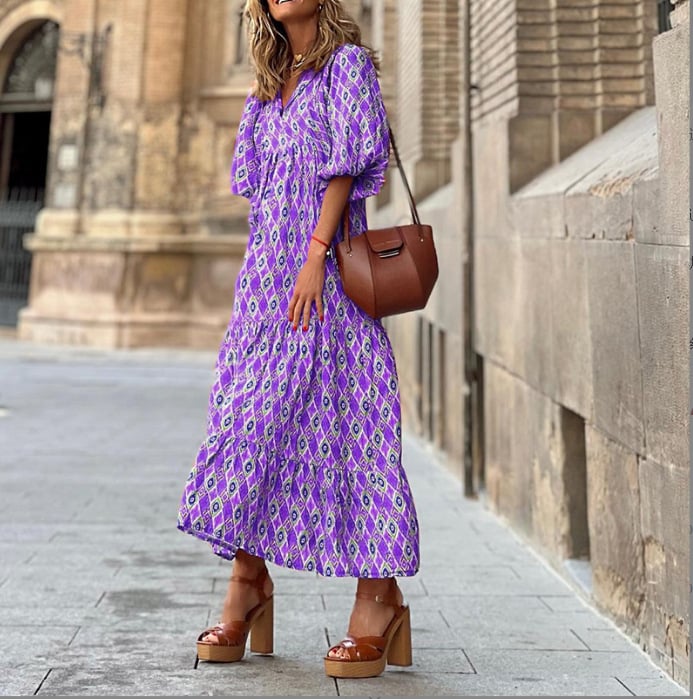 Puff Sleeve Boho Printed V-Neck Maxi Dress