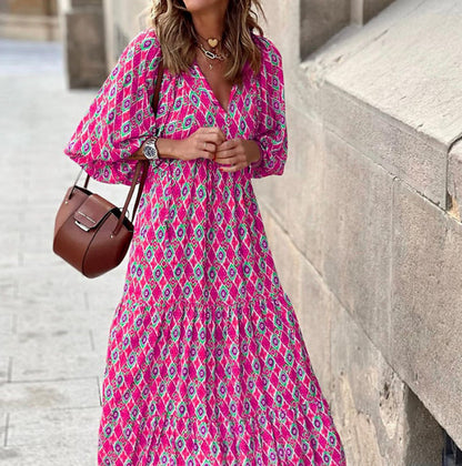 Puff Sleeve Boho Printed V-Neck Maxi Dress