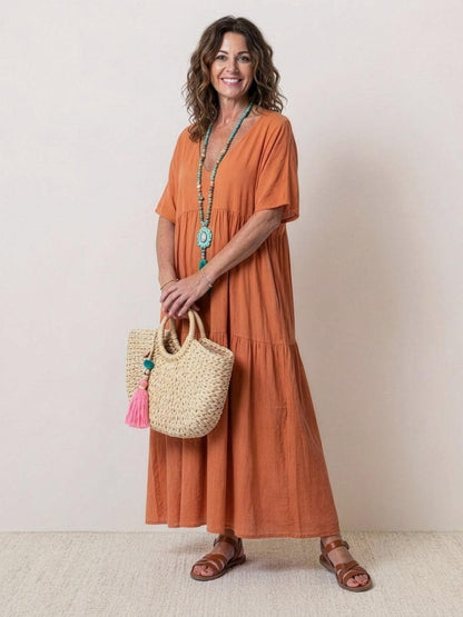 V-Neck Tiered Short Sleeve Swing Maxi Dress