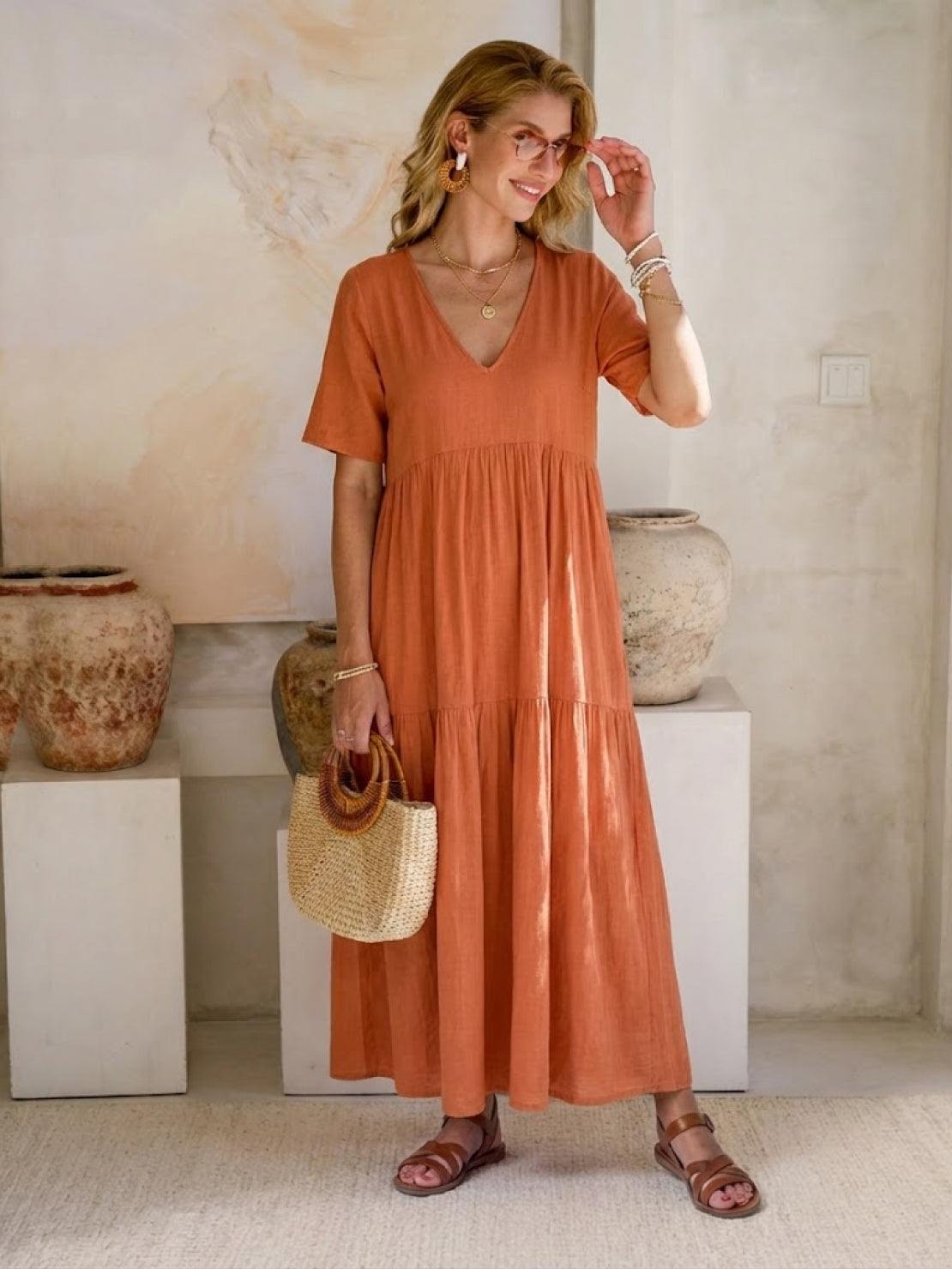 V-Neck Tiered Short Sleeve Swing Maxi Dress