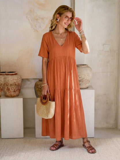 V-Neck Tiered Short Sleeve Swing Maxi Dress