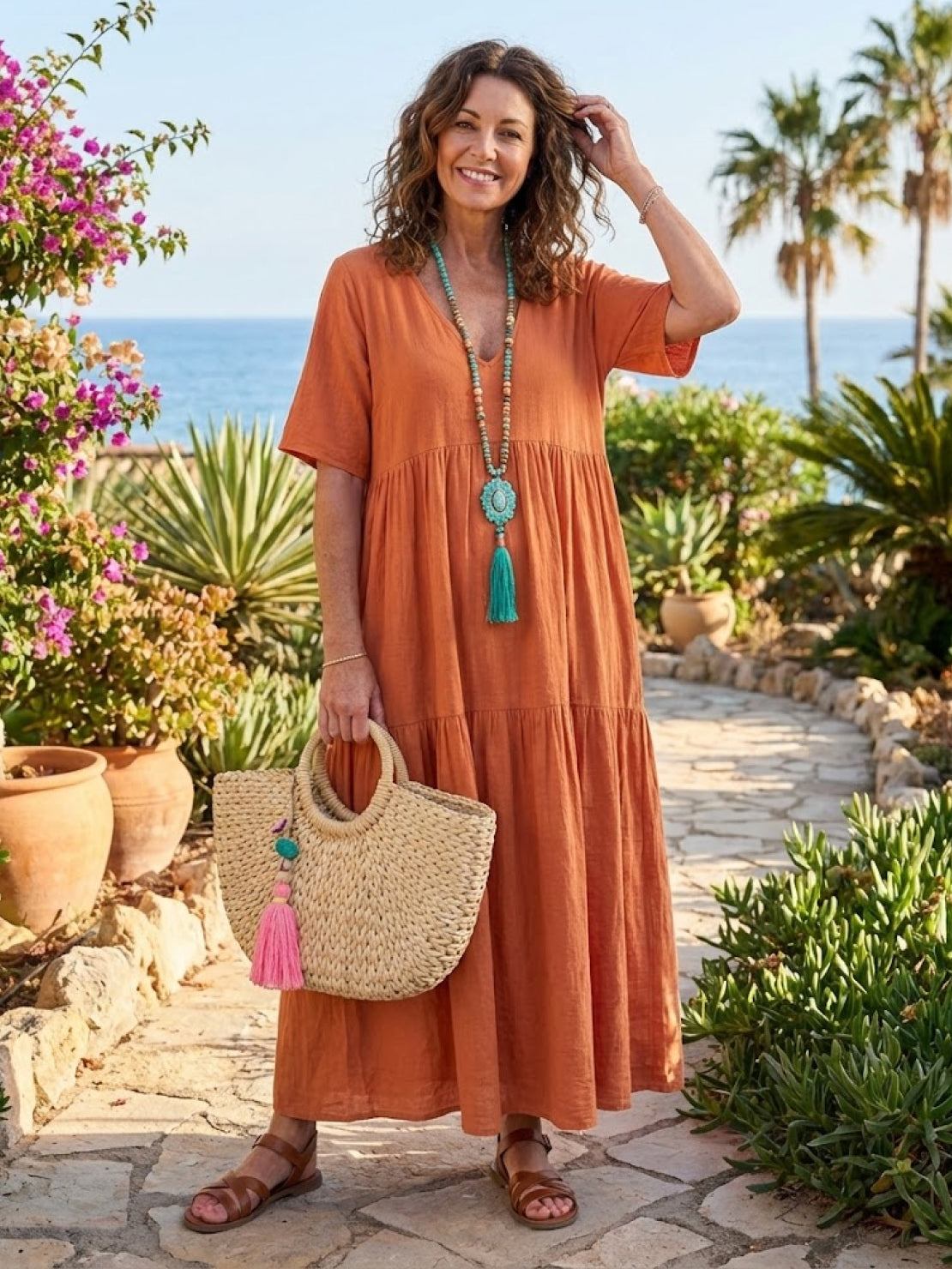 V-Neck Tiered Short Sleeve Swing Maxi Dress