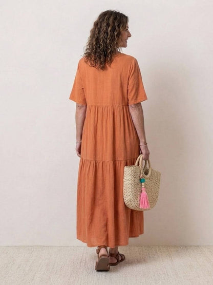 V-Neck Tiered Short Sleeve Swing Maxi Dress