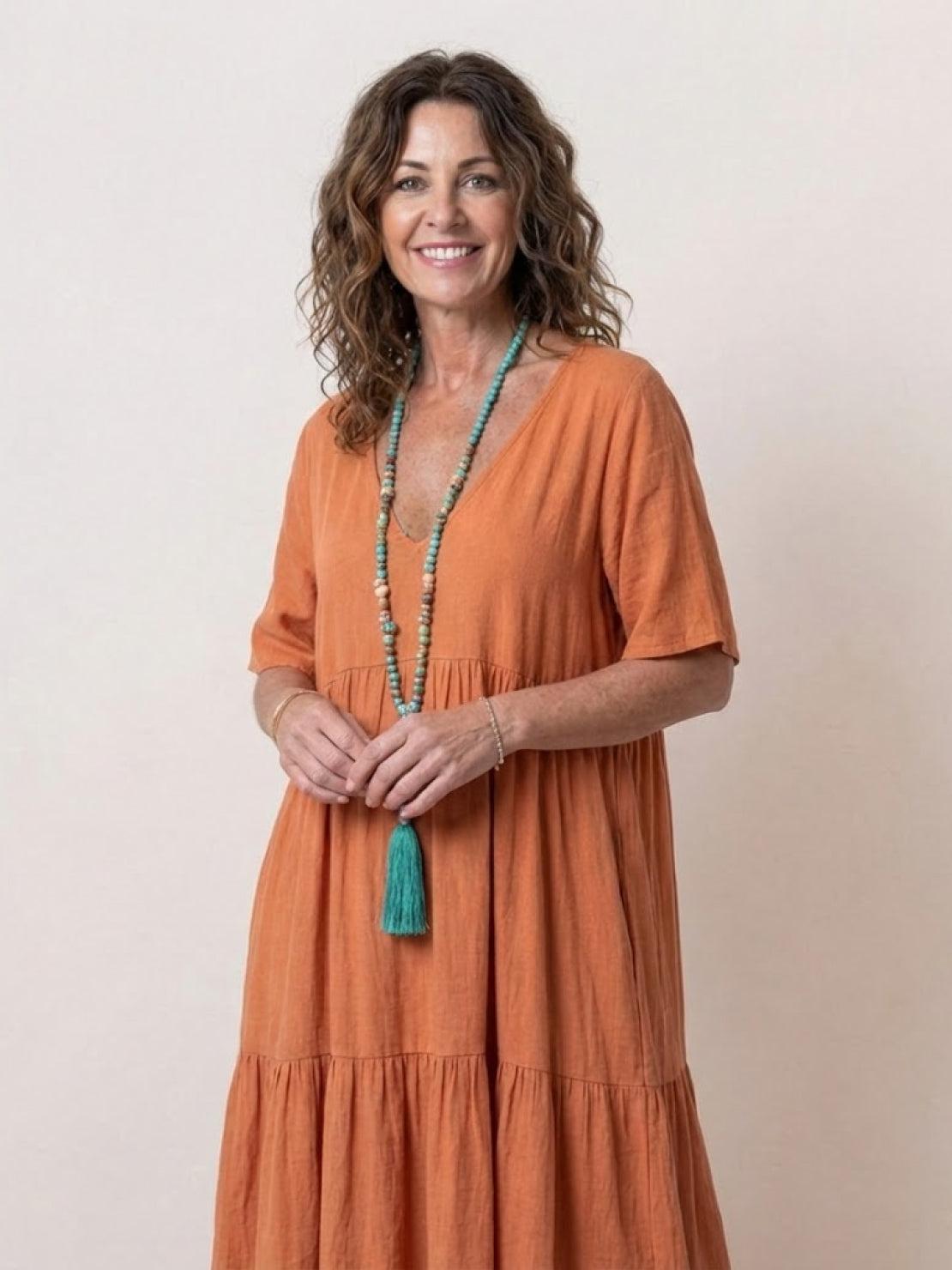 V-Neck Tiered Short Sleeve Swing Maxi Dress