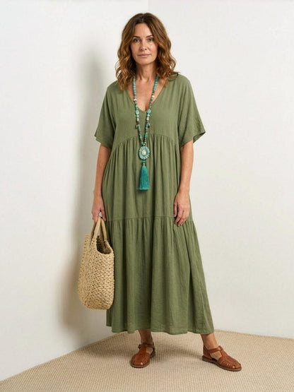 V-Neck Tiered Short Sleeve Swing Maxi Dress
