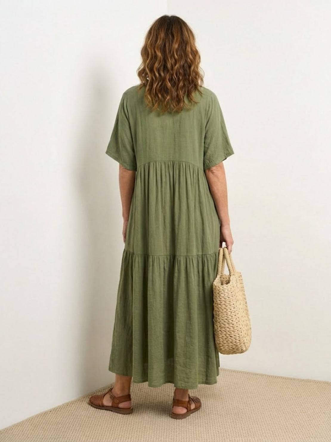 V-Neck Tiered Short Sleeve Swing Maxi Dress
