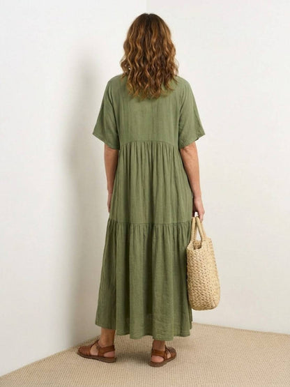 V-Neck Tiered Short Sleeve Swing Maxi Dress