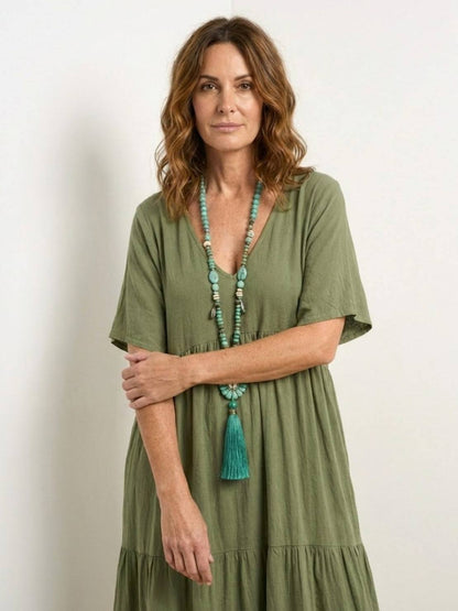 V-Neck Tiered Short Sleeve Swing Maxi Dress