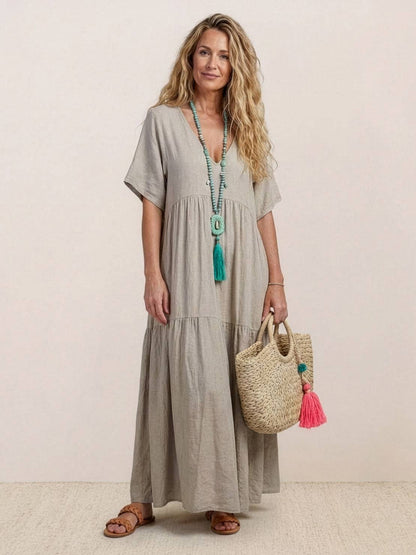 V-Neck Tiered Short Sleeve Swing Maxi Dress