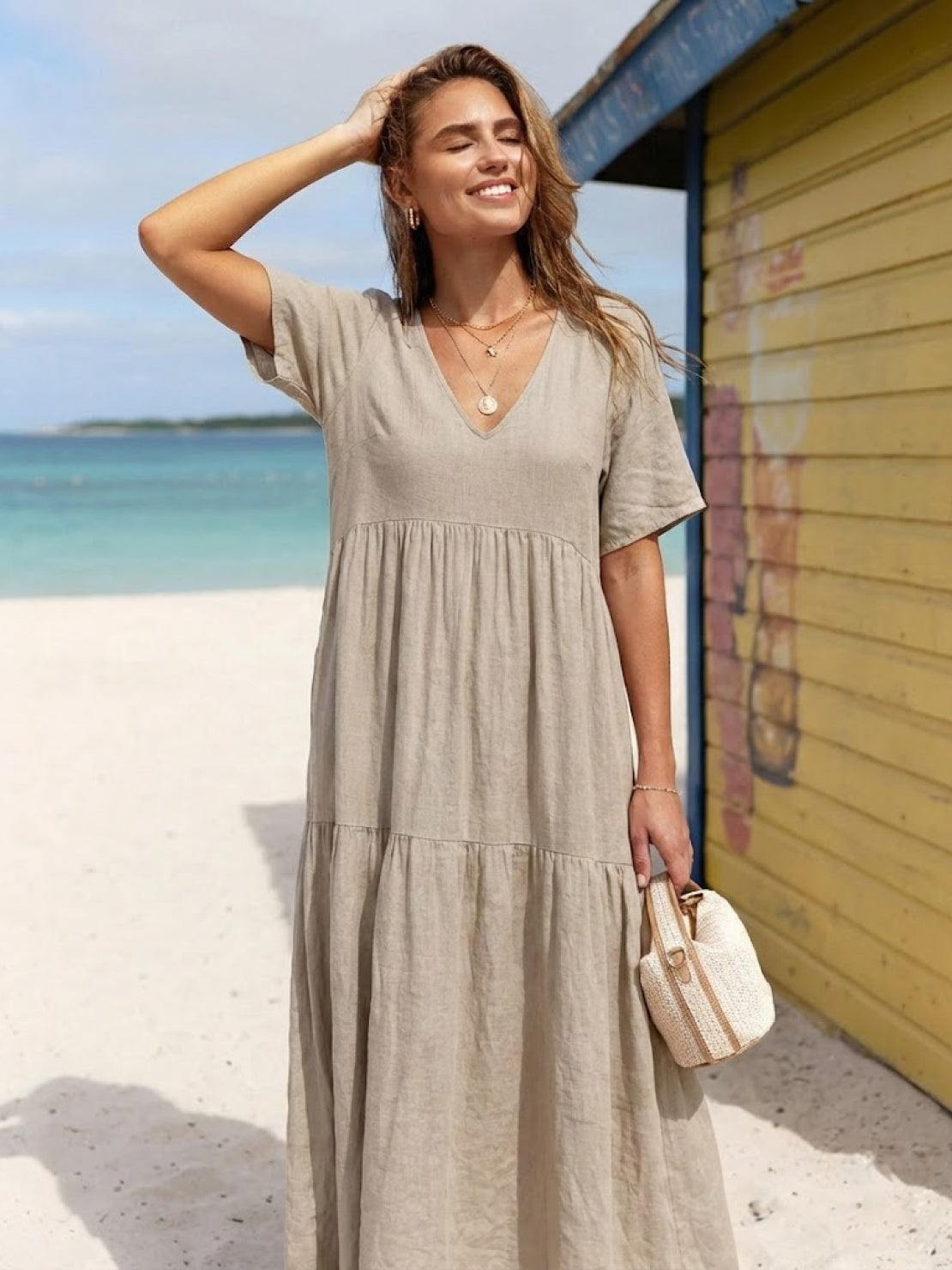 V-Neck Tiered Short Sleeve Swing Maxi Dress
