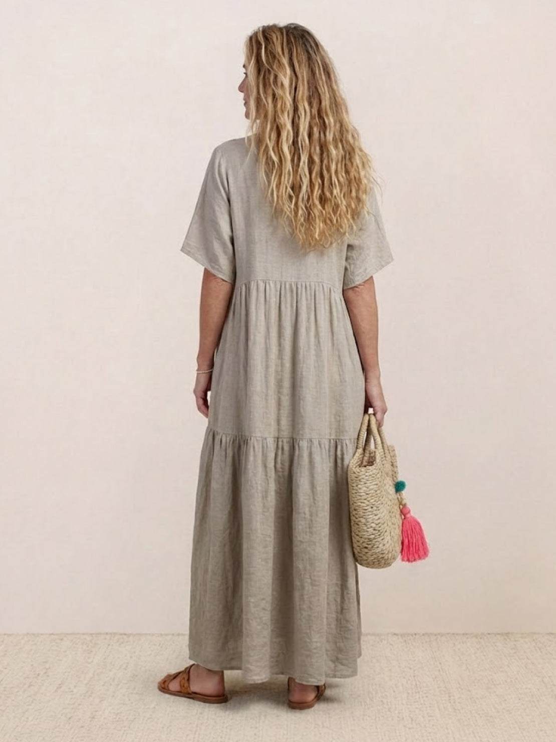 V-Neck Tiered Short Sleeve Swing Maxi Dress