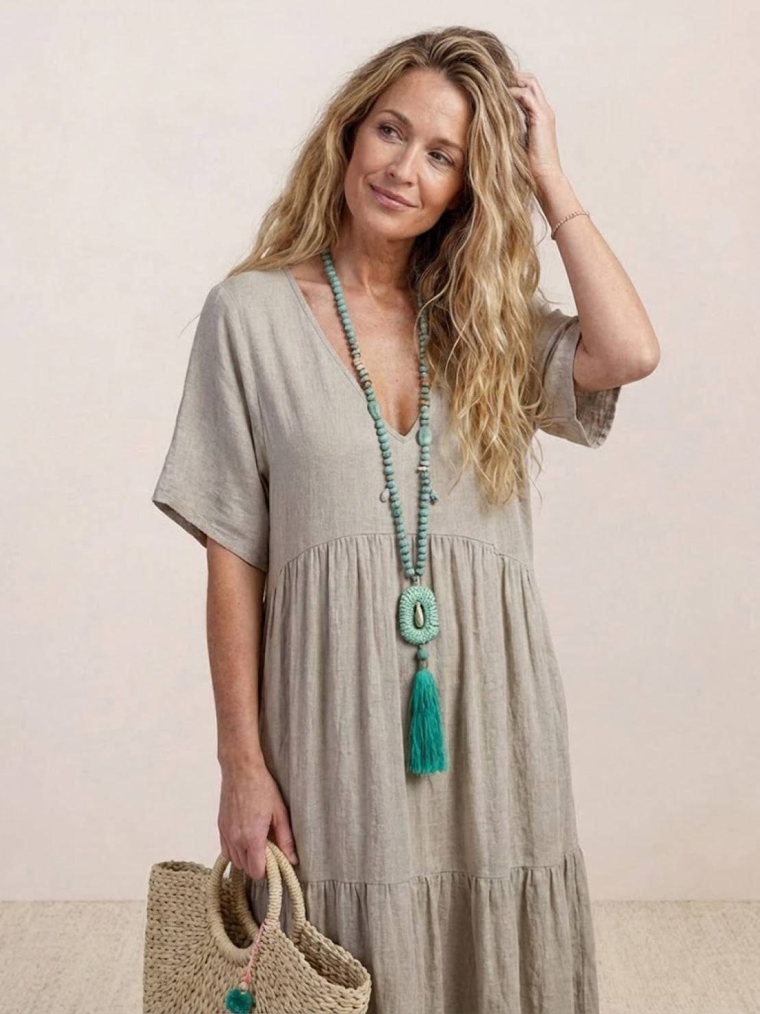 V-Neck Tiered Short Sleeve Swing Maxi Dress
