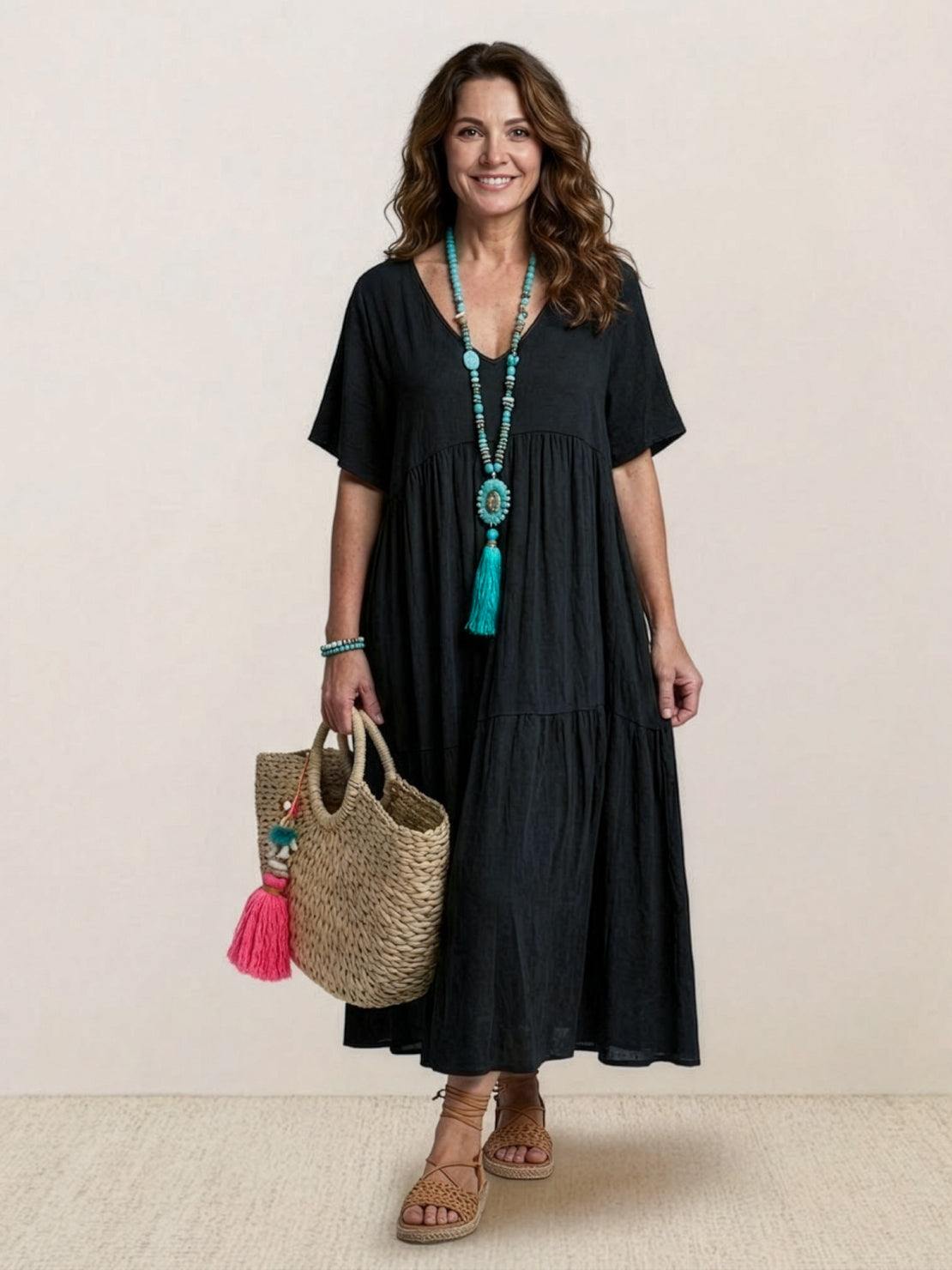 V-Neck Tiered Short Sleeve Swing Maxi Dress