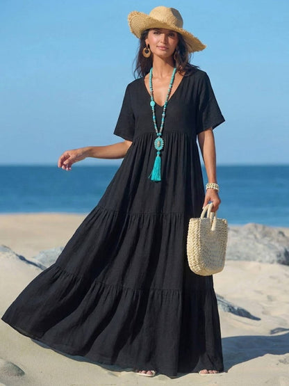 V-Neck Tiered Short Sleeve Swing Maxi Dress