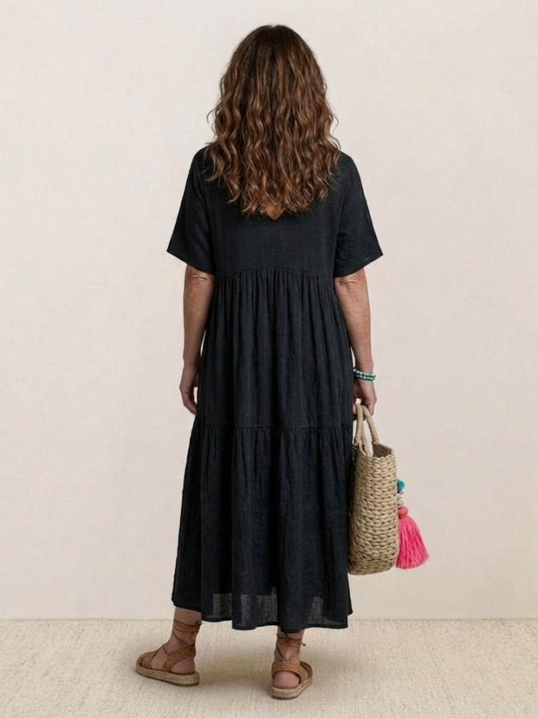 V-Neck Tiered Short Sleeve Swing Maxi Dress