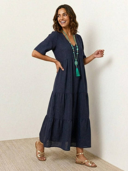 V-Neck Tiered Short Sleeve Swing Maxi Dress