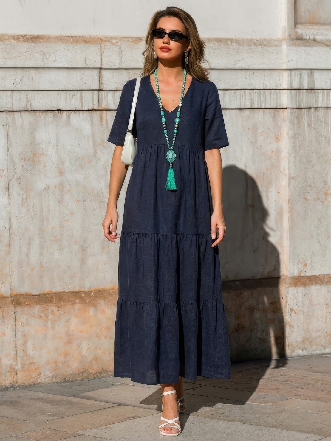 V-Neck Tiered Short Sleeve Swing Maxi Dress