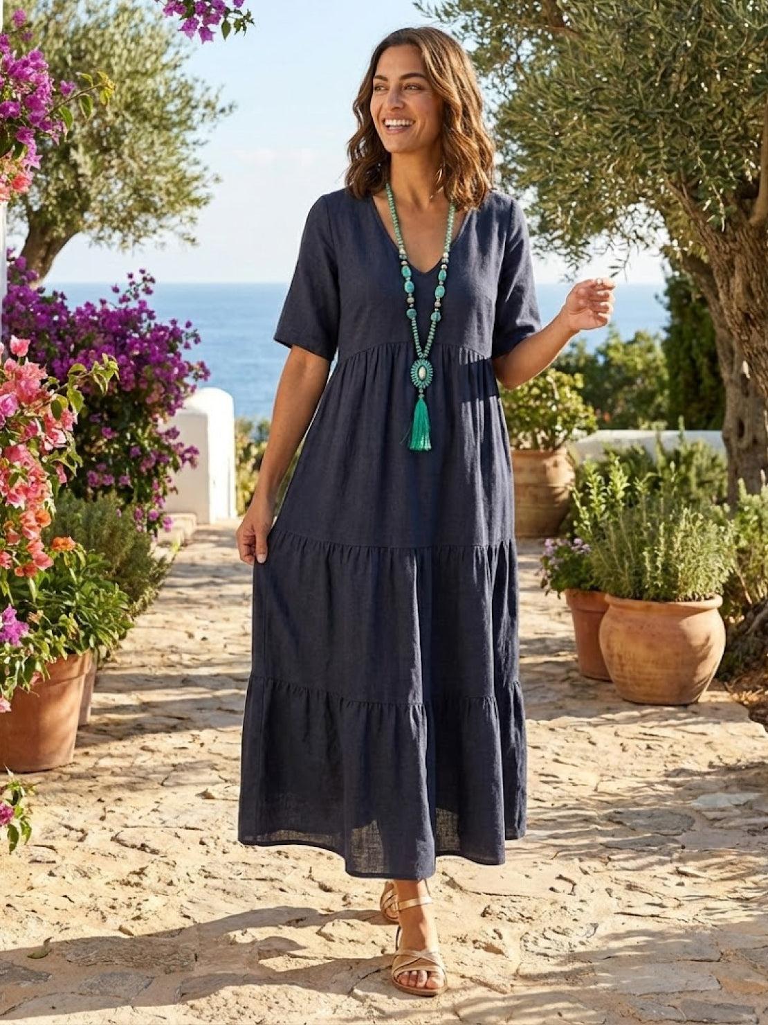 V-Neck Tiered Short Sleeve Swing Maxi Dress