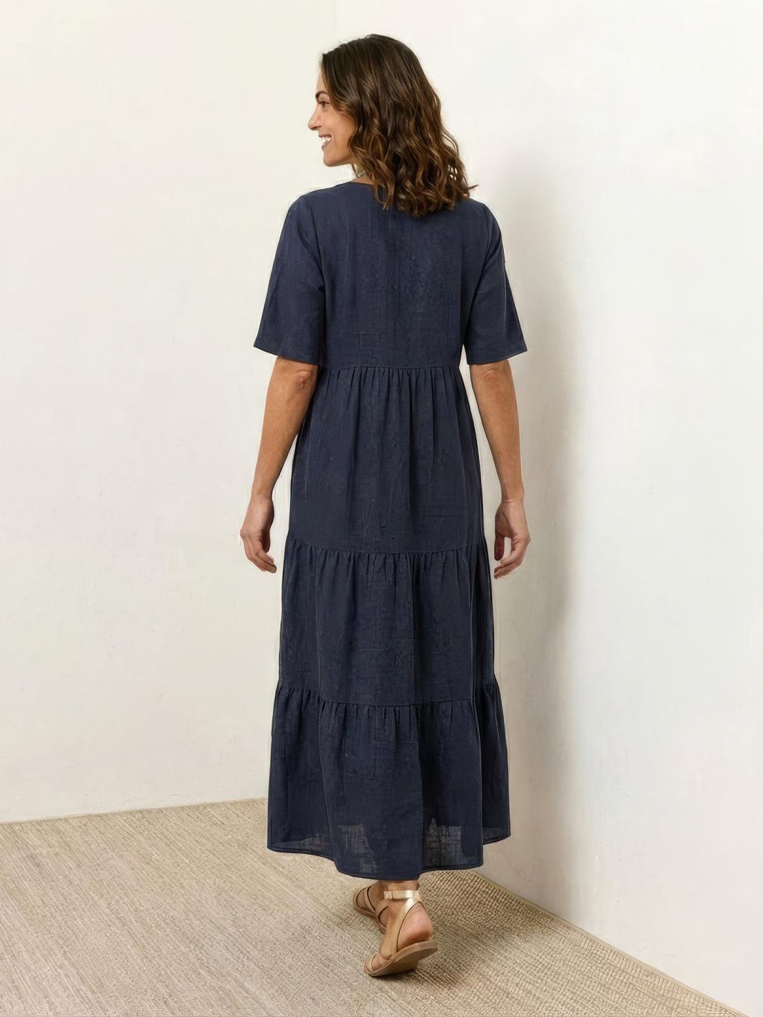 V-Neck Tiered Short Sleeve Swing Maxi Dress