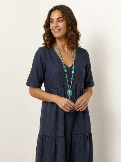 V-Neck Tiered Short Sleeve Swing Maxi Dress