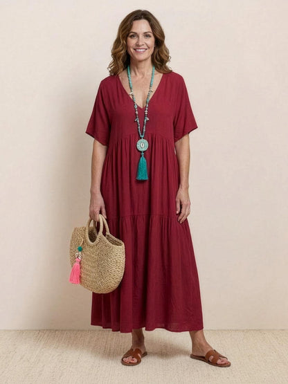 V-Neck Tiered Short Sleeve Swing Maxi Dress