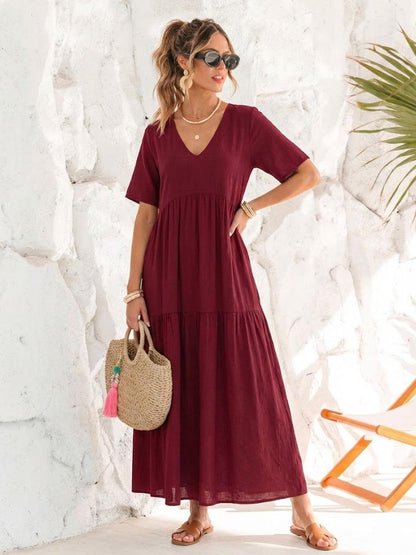 V-Neck Tiered Short Sleeve Swing Maxi Dress
