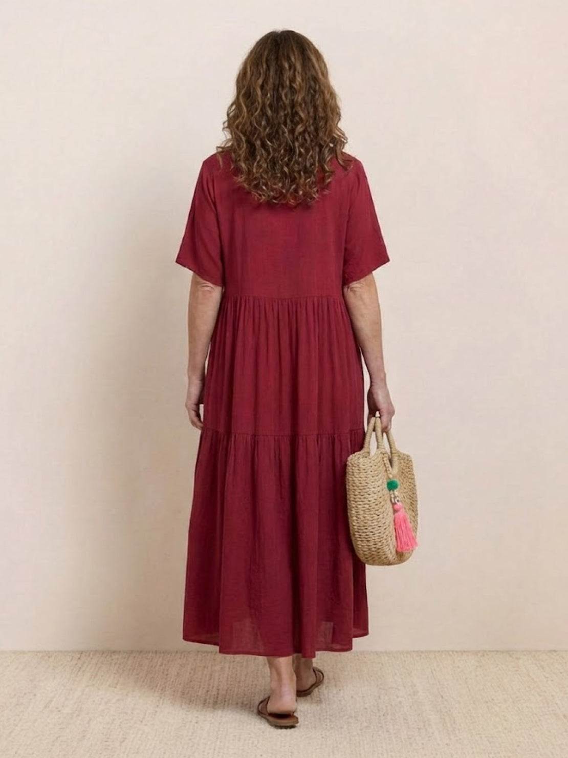 V-Neck Tiered Short Sleeve Swing Maxi Dress