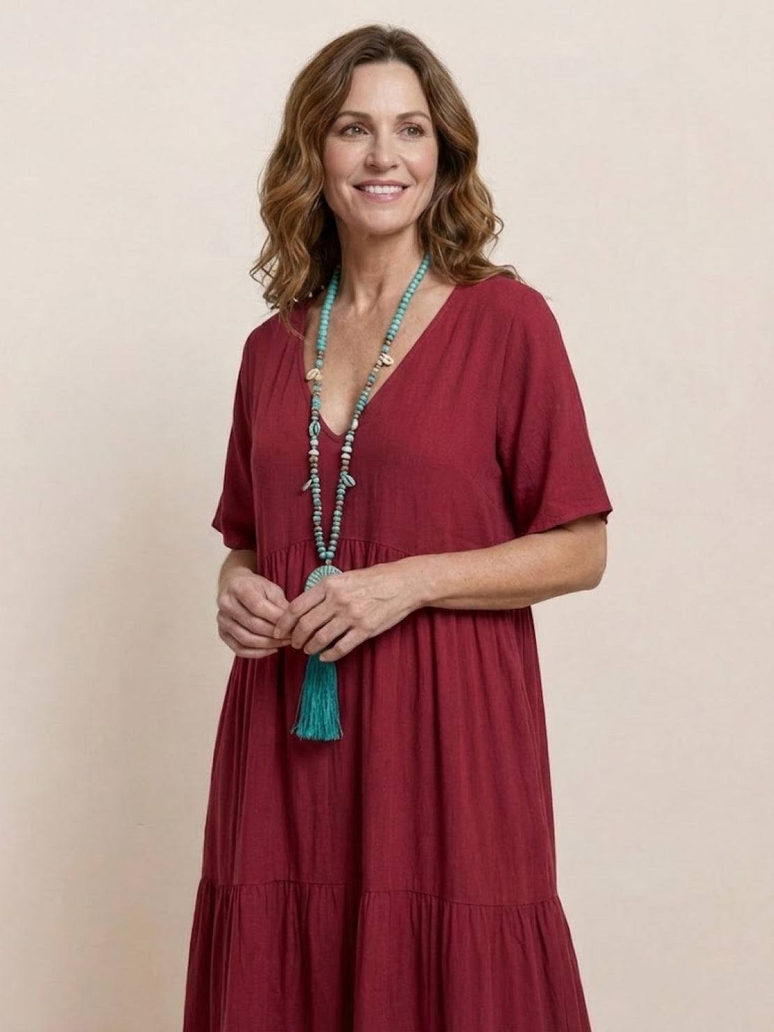 V-Neck Tiered Short Sleeve Swing Maxi Dress