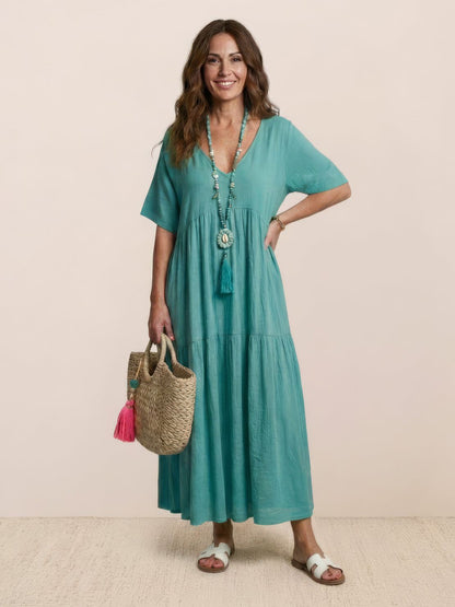 V-Neck Tiered Short Sleeve Swing Maxi Dress