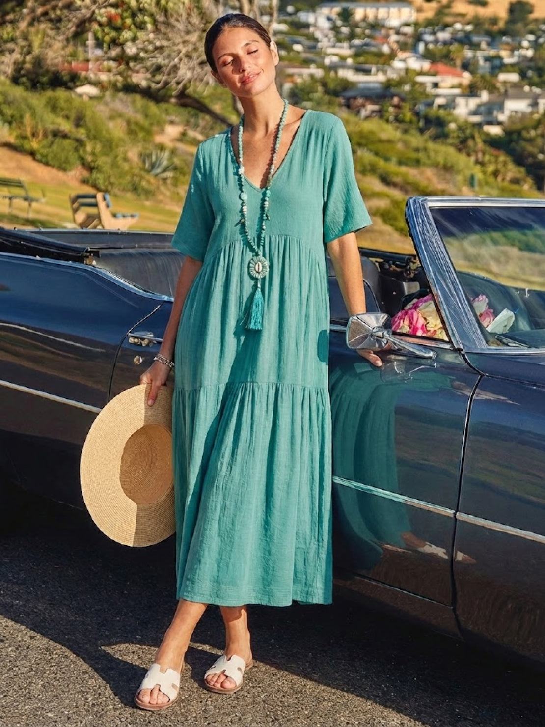 V-Neck Tiered Short Sleeve Swing Maxi Dress