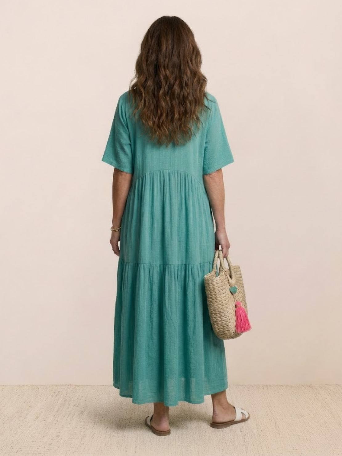 V-Neck Tiered Short Sleeve Swing Maxi Dress