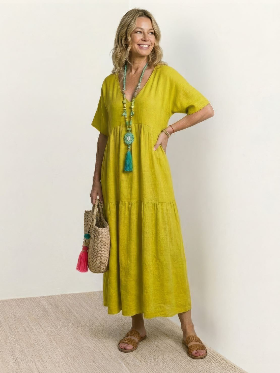 V-Neck Tiered Short Sleeve Swing Maxi Dress