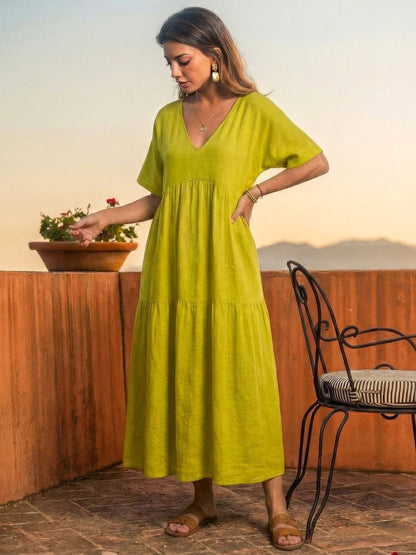 V-Neck Tiered Short Sleeve Swing Maxi Dress