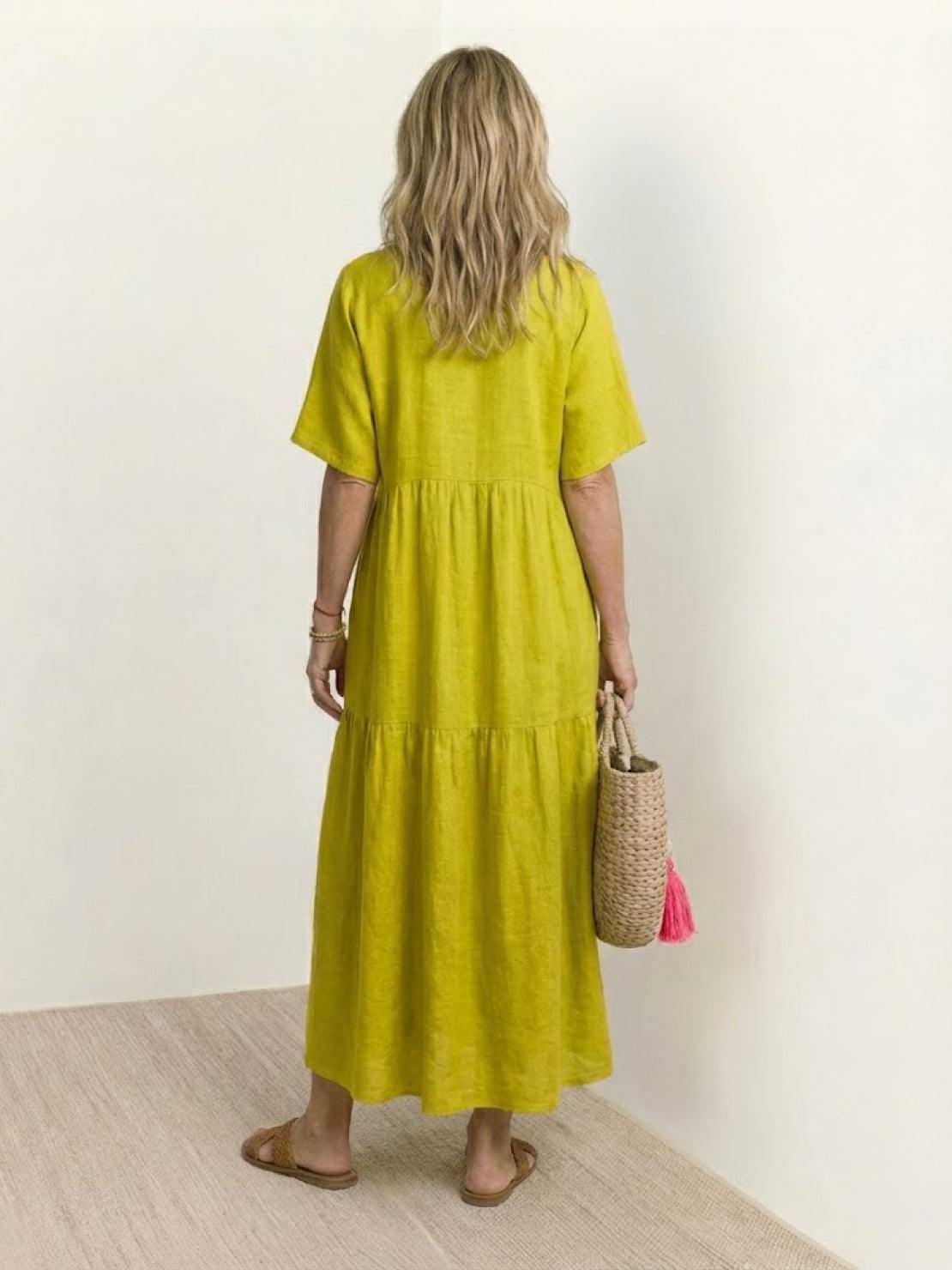 V-Neck Tiered Short Sleeve Swing Maxi Dress
