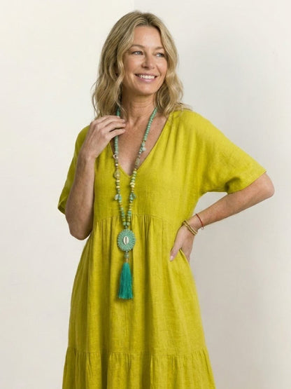V-Neck Tiered Short Sleeve Swing Maxi Dress